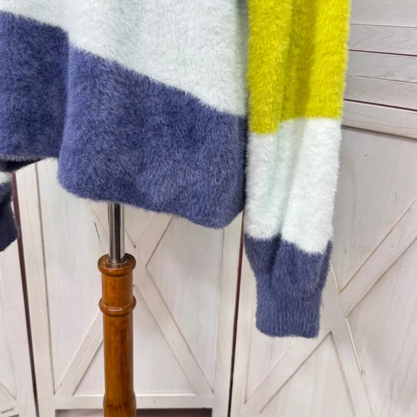 Aerie Flurry Rugby Stripes Fuzzy Oversized Crew Neck Sweater Blue Green Medium‎ - Image 9