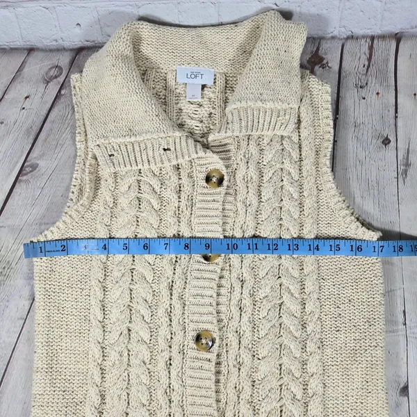 Ann Taylor LOFT Cream Cable Knit Long Sleeveless Cardigan‎ Vest Belted Medium - Image 7