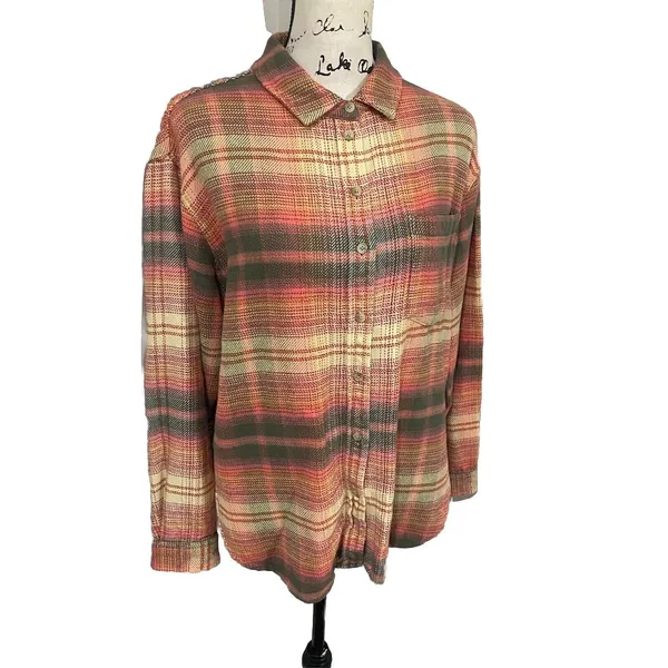 American Eagle Green Orange Plaid Fleece Flannel Oversized Button-down Shirt XS - Image 5