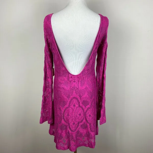 Nightcap Mini Dress Large Pink‎ Lace Open Back Bell Sleeve Boho Boatneck New NWT - Image 4
