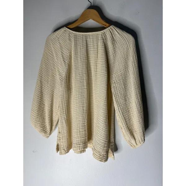 LOFT Cream Double Gauze Cotton Blouse half Button Front Long Sleeve Top pheasant - Image 2