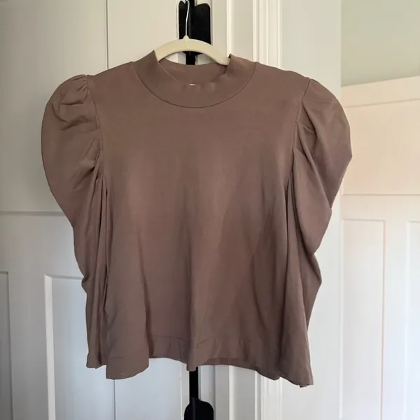 Cuyana French Terry Puff Sleeve Sweatshirt Top‎ Mushroom Tan Pima Cotton - Image 3
