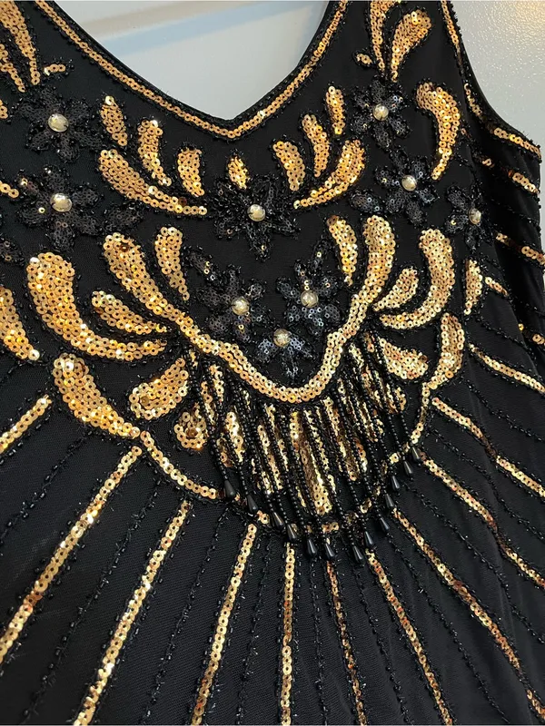 Babeyond Black & Gold Art Deco Fringe Cocktail Dress flapper costume sequins - Image 3