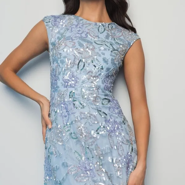 MAC DUGGAL 5647 Blue Sequined High Neck Cap Sleeve A Line Gown - Image 4