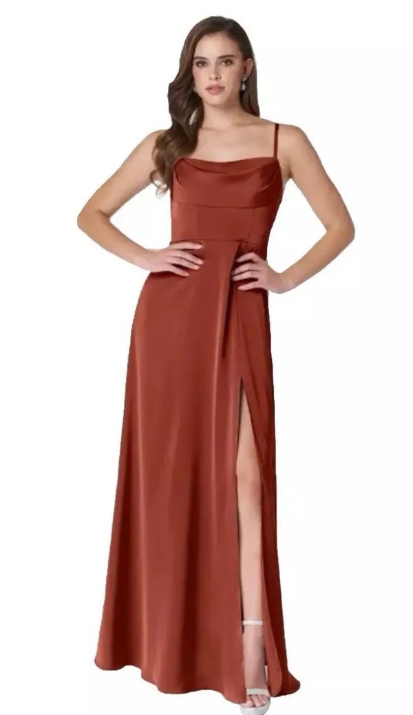 Azazie Bridesmaids Dress Terracotta Flowy Cowl Neckline Side Slit Satin Size 12 - Image 3