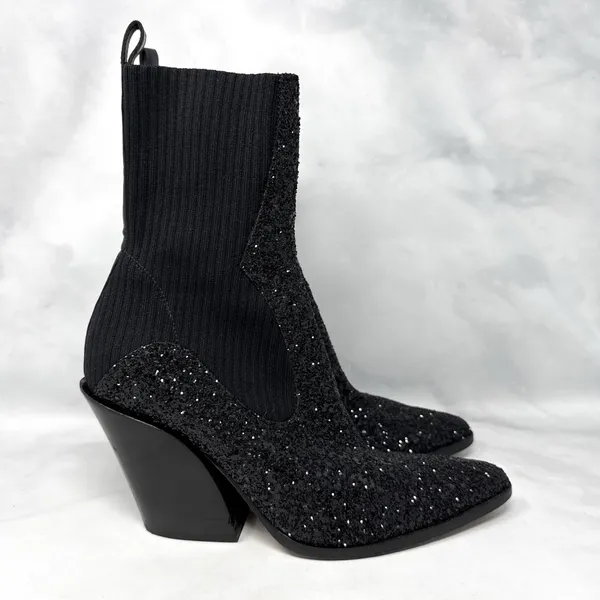 Jimmy Choo Mele Glitter 85 Chelsea Stretch Knit Block Heel Ankle Boots Black 36 - Image 4