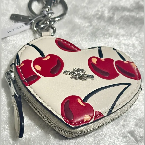 Coach Heart Coin Pouch Bag Charm With Cherry Print - Image 2