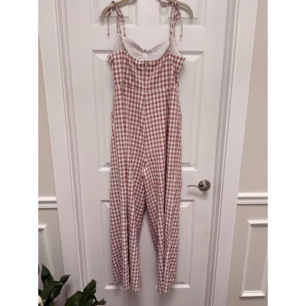 Song of Style Senna Jumpsuit Gingham Checkered Wide Leg‎ Taupe White XL - Image 3