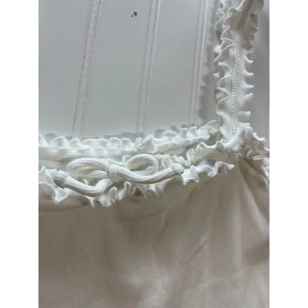 Maeve Anthropologie White Ribbed Ruffle Trim Camisole Tank Top Bow Detail Large - Image 3