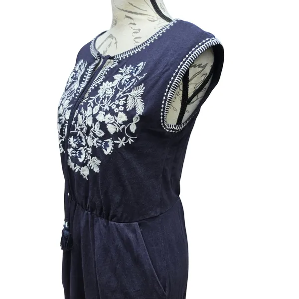 Boden Catriona Navy Blue Embroidered Floral Jersey Dress Sleeveless‎ Tassel 4R - Image 3
