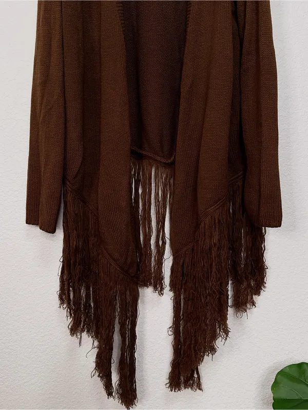 Miss Sparkling Brown Fringe Open Front Waterfall Longline Knit Cardigan - Image 3