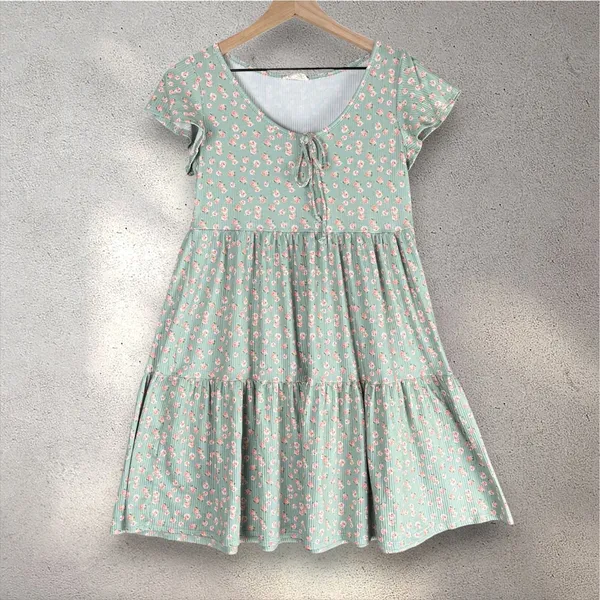 See You Monday Floral Tiered Dress Women's M Green Cottage Bloomcore Coquette - Image 3