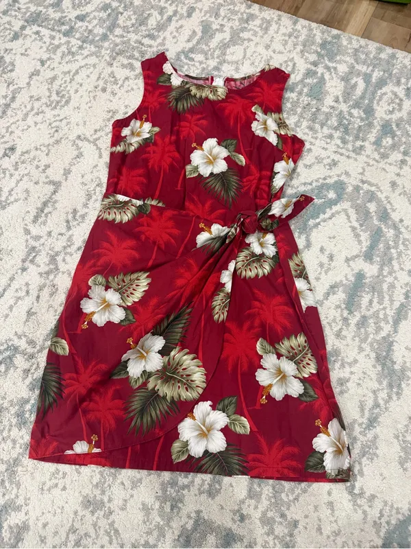 Vintage Pacific Legend Hawaiian Wrap Dress Red Floral 100% Cotton Large - Image 3