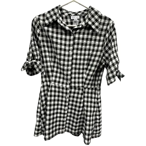 Kate Lily Gingham Short Tie Sleeve Button Up Tunic Blouse Black White Womens 8 - Image 7