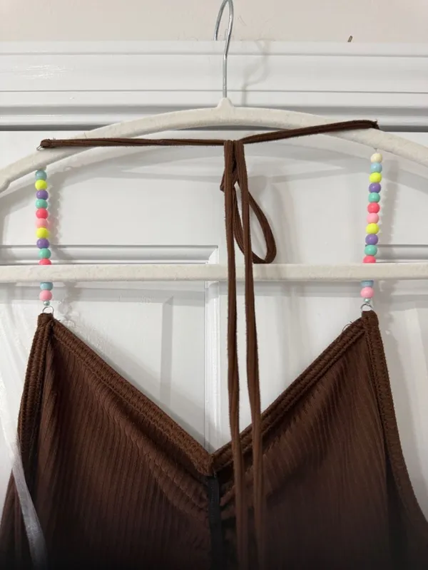 Just Polly Womans Sz Medium Brown Beaded Ribbed Thong Bodysuit Top Retro New - Image 9