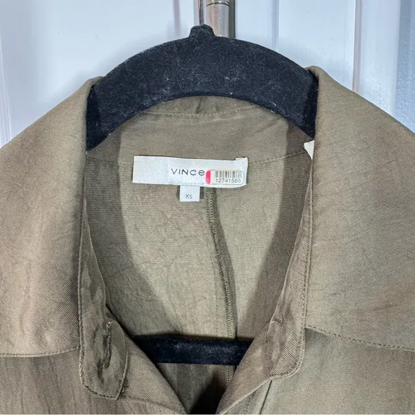 Vince olive green button front‎ tie front asymmetric hemline shirtdress size xs - Image 5