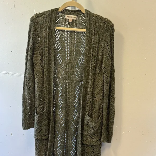 Knox Rose Olive Green Pointelle Knit Open Front Duster Cardigan Sweater Small - Image 3