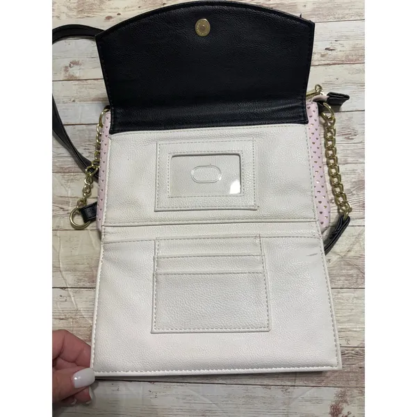 Betsey Johnson Crossbody Bag Perforated Hearts Black White Pink Gold Chain - Image 3