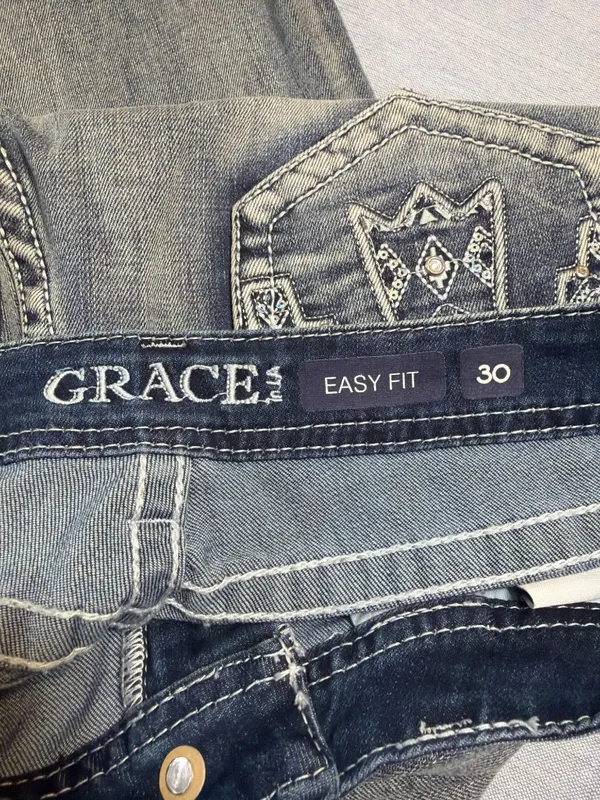 Grace In LA Easy Fit Embellished Bootcut Jeans Rhinestones Thunderbird Sz 30 - Image 6
