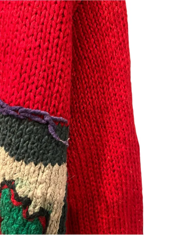 VTG Counterparts Hand Knit Bird Novelty Sweater Red Patchwork Folk Art Cotton M - Image 6