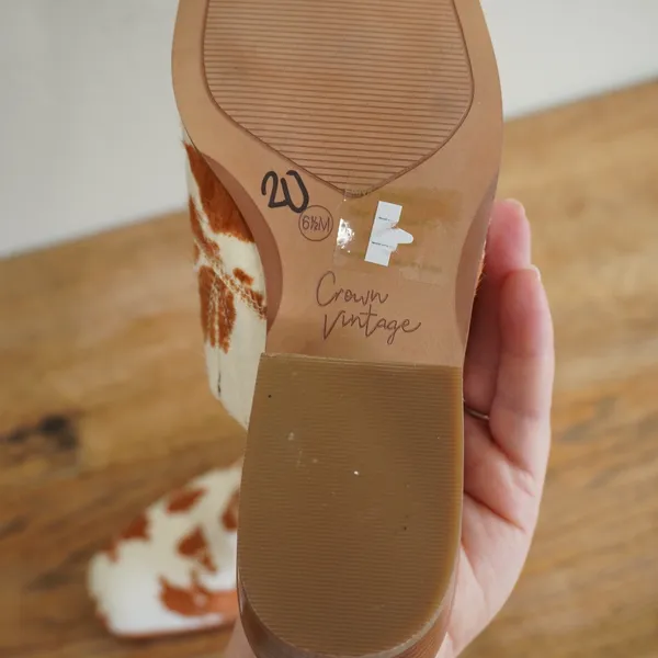 Crown Vintage Galena Cow‎ Print Hair Calf Mules Brown White Western Heel 6.5M - Image 6