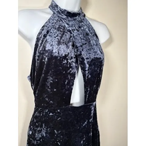 LUSH Crushed Velvet Mini Dress Small Blue Cutout Halter Mock Neck Bodycon Glam‎ - Image 2