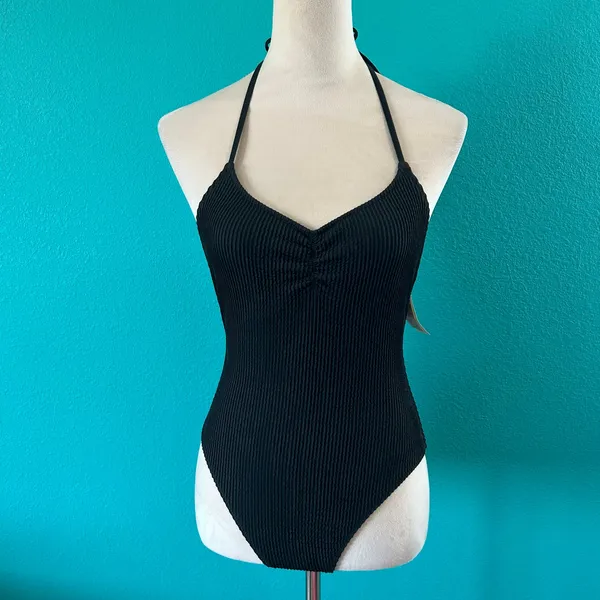 NWT Aerie Crinkle Halter Cheekiest One Piece Swimsuit True Black Swim Beach Sz S - Image 3