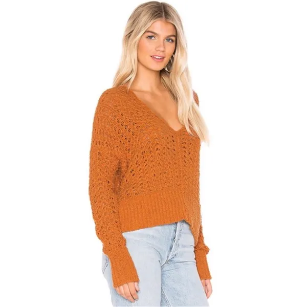 Free People Orange Open Knit Slouchy V-Neck Sweater Boho Oversized (READ) - Image 3