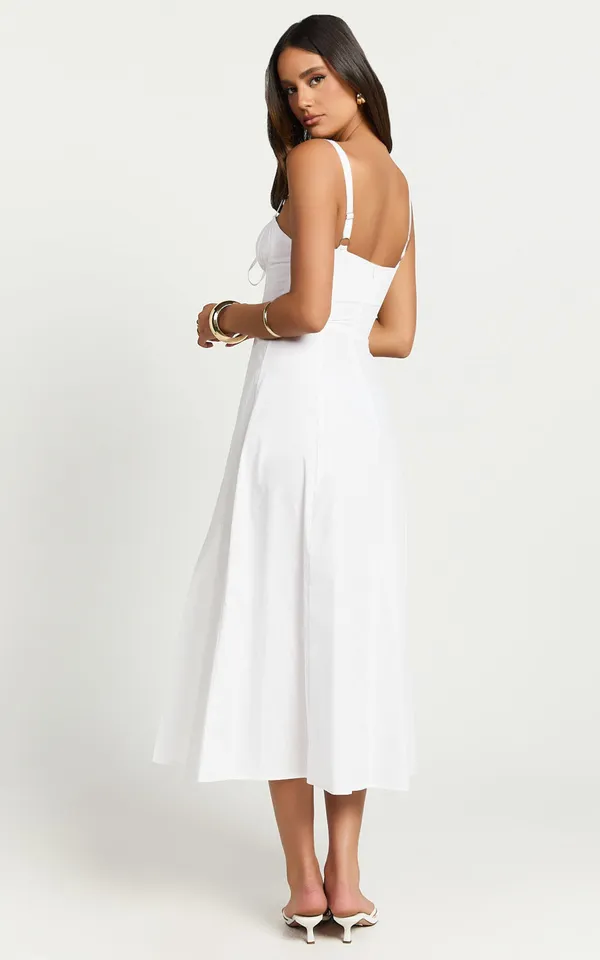 New Showpo MAIYA Midi Dress Tie Front Fitted Bodice Dress In White Size 4 - Image 5