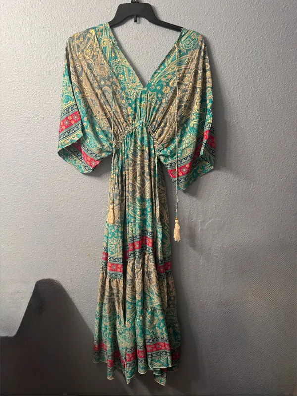 Bohemian Teal Paisley Maxi Dress with Tie Waist nwt - Image 6