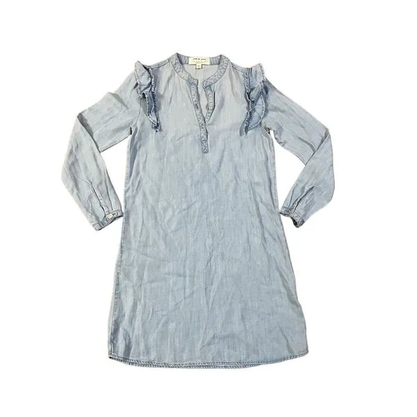 Anthropologie‎ Cloth & Stone Blue Denim Chambray Ruffle Shirt Dress XS - Image 2
