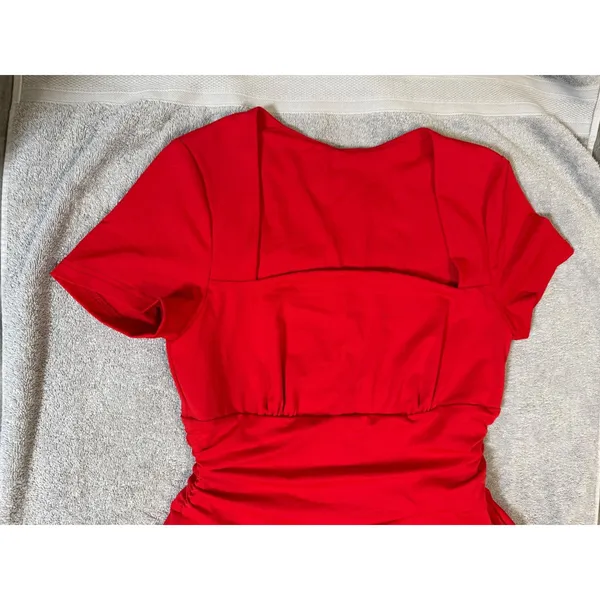 NWT OYS Size Medium Red Square Neck Mini Dress Shirt‎ Sleeve Formal Fit Flare - Image 4