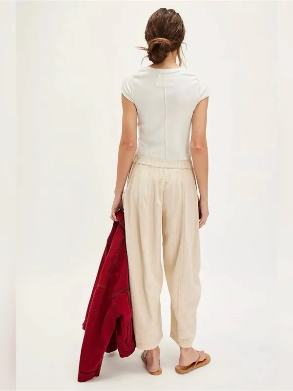 🆕 NWT Free People High Road Barrel Pants Linen Boho Wide-Leg Pockets Tan Large - Image 8