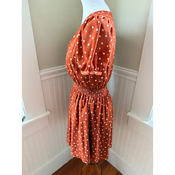 Madewell Smocked-Waist Mini Dress Polka Dots Burnt‎ Clay Puff Sleeve XS - Image 10