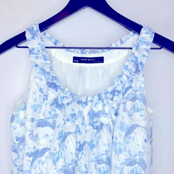Zara Basic Blue and White Sleeveless Floral Dress‎ Size M - Image 3