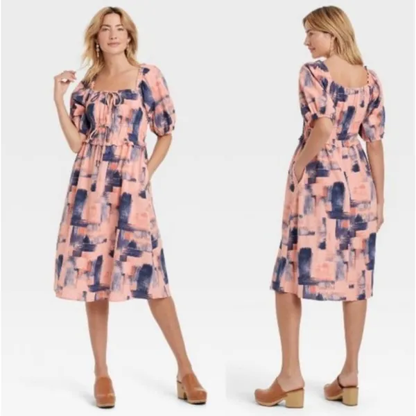 Universal Thread Brushstroke Midi Dress Puff Sleeve‎ Peasant Style Size M - Image 2