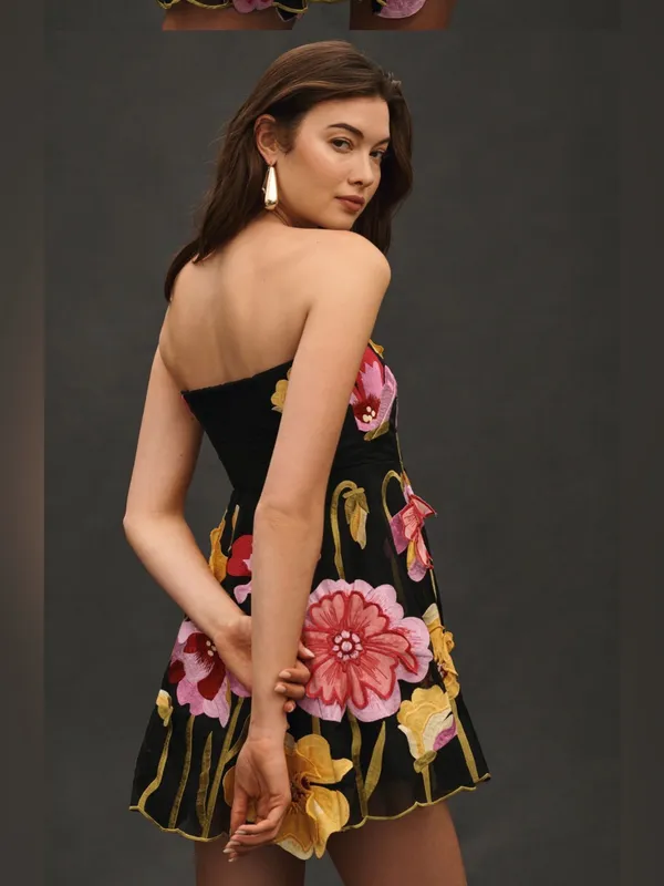 By Anthropologie Strapless Floral Organza Mini Dress Petite Medium - Image 2