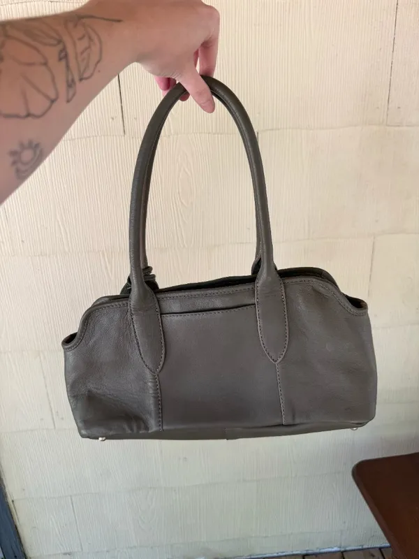 Olive Colored Genuine Leather Bag with Cherry Charm Red - Image 2