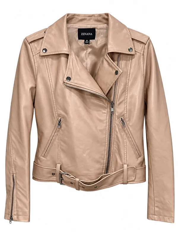 Zenana Beige Blush Vegan Faux Leather Belted Moto Jacket M - Image 2