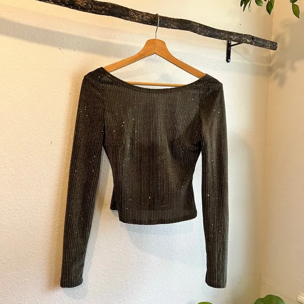 Lulus Olive Green Sparkle Low Back Long Sleeve Top Size XS NEW With Tags - Image 9