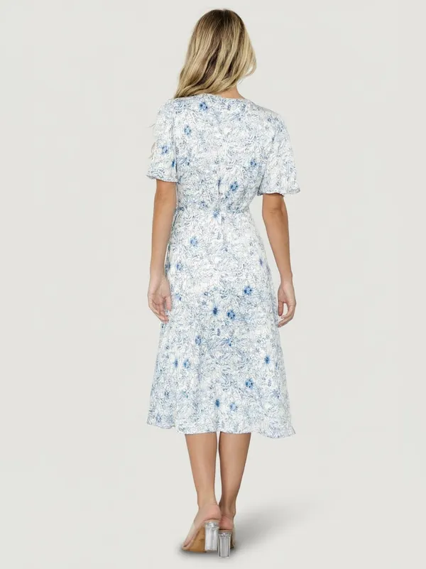 NWT Baltic Born Amelie Midi Wrap Dress Floral Blue and White Print Flowy - Image 3