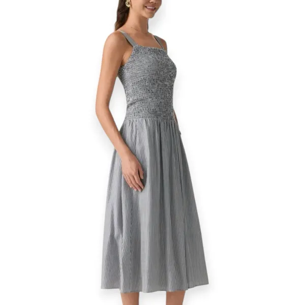 NWT OGL Striped Poplin Square Neck Smocked Midi Bra Dress Sz Medium Gray Stripe - Image 2