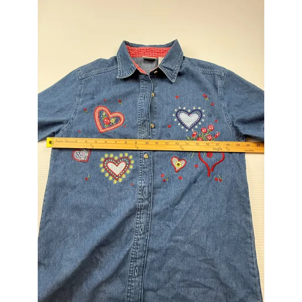 Bobbie Brooks Womens Denim Heart Embroidered Short Sleeve Button Down Shirt - Image 5