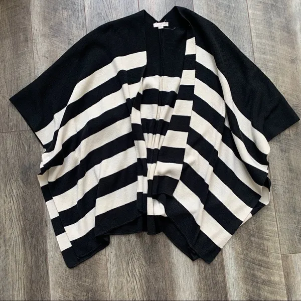 LOFT Striped Knit Sweater Poncho Cape Shrug Cardigan Black White Stripes XS/S - Image 5