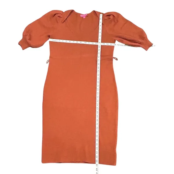 Betsey Johnson Knit Sweater Dress Fall Burnt Orange Puff Sleeve Midi L - Image 4