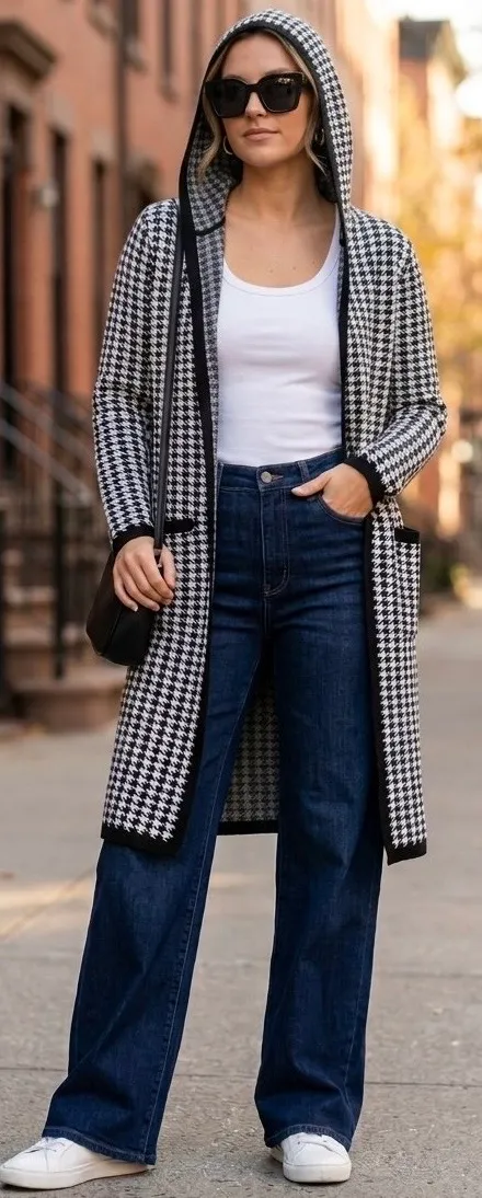 Golden Lillie Women's Long Hooded Cardigan Sweater Houndstooth Jacket M - Image 5