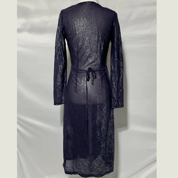 & Other Stories Sheer Metallic Long Sleeve Midi Wrap Dress Navy Blue Size 2 - Image 11