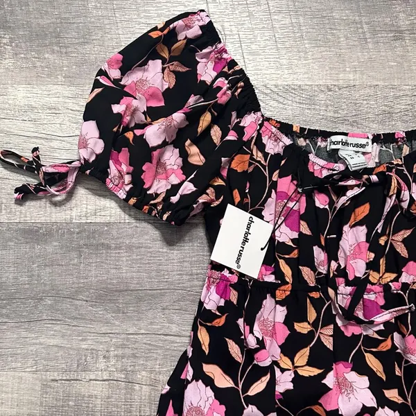Charlotte Russe Pink Floral Puff Sleeve Black Mini Dress NEW Womens M Ruffle Hem - Image 2