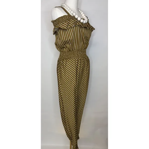 RW&A Rwanda Clothing Women Olive Striped Cold Shoulder Smocked Waist Jumpsuit - Image 4