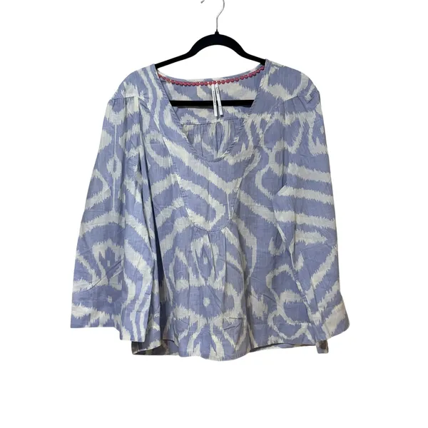 Anthropologie Blue White Ikat Cotton V-Neck Blouse XL Boho 3/4 Sleeve‎ Top - Image 2